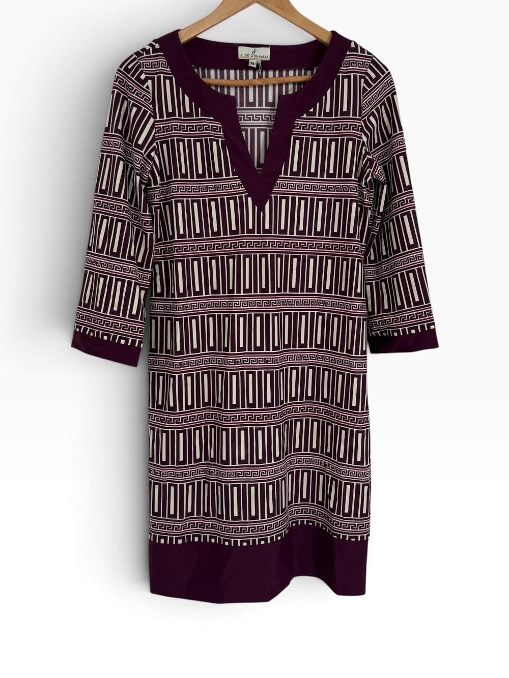 Jude Connally Purple White Geometric 3/4 Sleeve Preppy Shift Dress size Medium